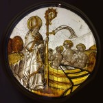 Saint Nicolas et les 3 enfants. Vitrail du XVIè siècle , ancienne église de Maxéville.